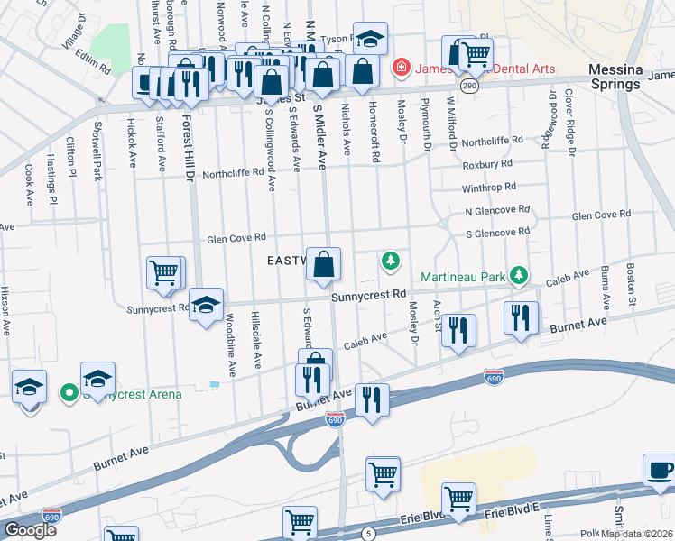 map of restaurants, bars, coffee shops, grocery stores, and more near 324 Nichols Avenue in Syracuse