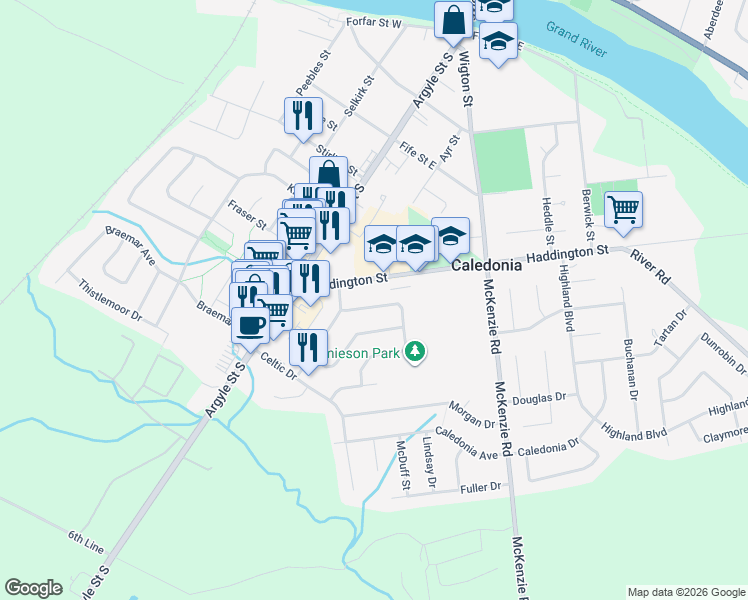 map of restaurants, bars, coffee shops, grocery stores, and more near 13 Jamieson Drive in Caledonia