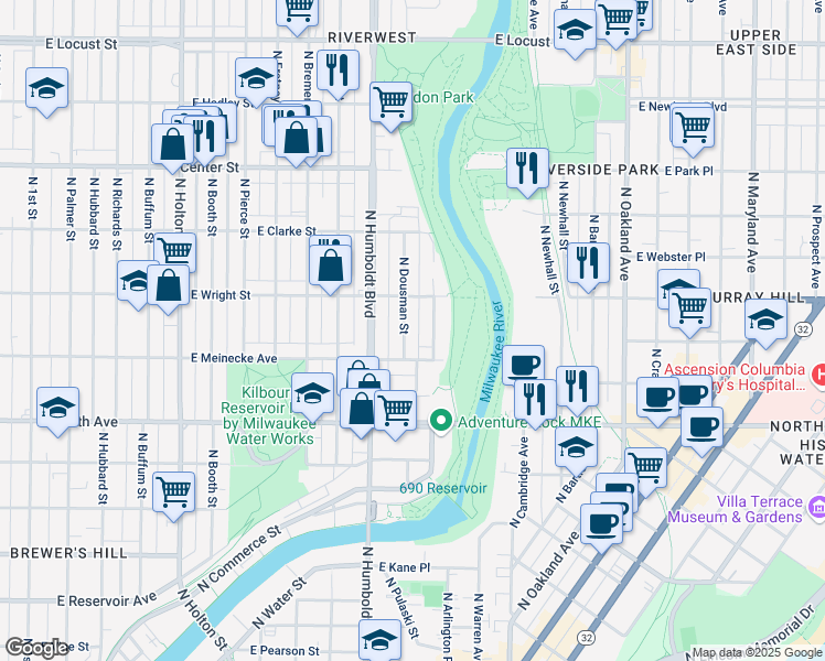 map of restaurants, bars, coffee shops, grocery stores, and more near 2469 North Dousman Street in Milwaukee