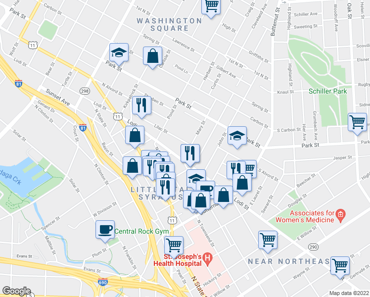 map of restaurants, bars, coffee shops, grocery stores, and more near 105 Mary Street in Syracuse