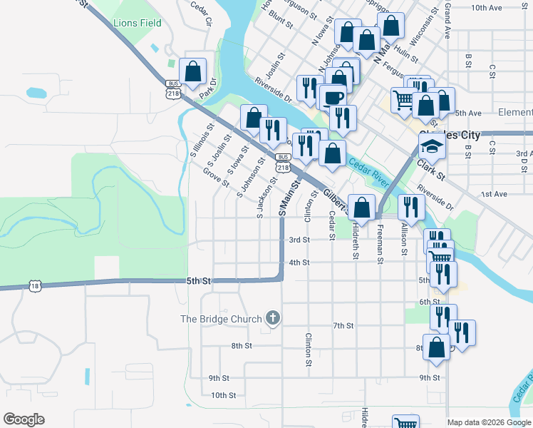 map of restaurants, bars, coffee shops, grocery stores, and more near 406 South Jackson Street in Charles City