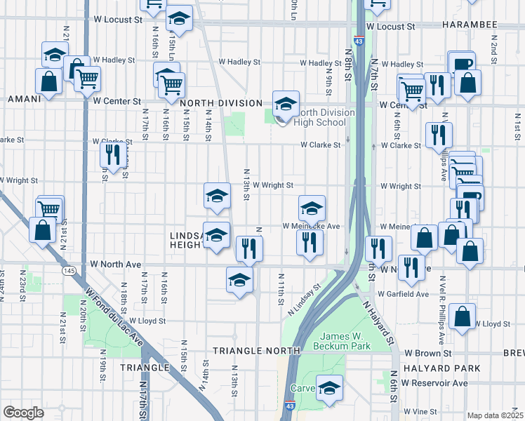 map of restaurants, bars, coffee shops, grocery stores, and more near 2426 North 12th Street in Milwaukee