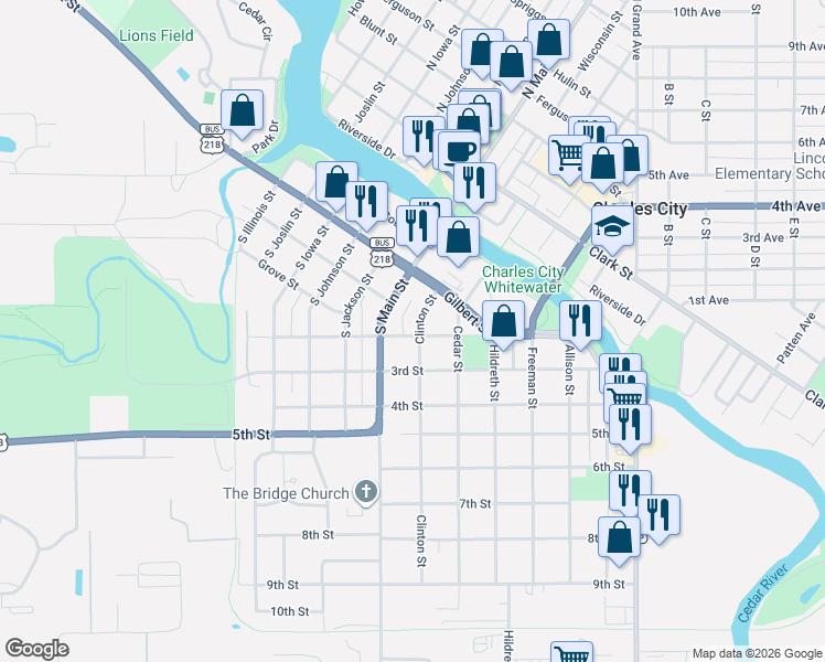 map of restaurants, bars, coffee shops, grocery stores, and more near 400 S Main St in Charles City