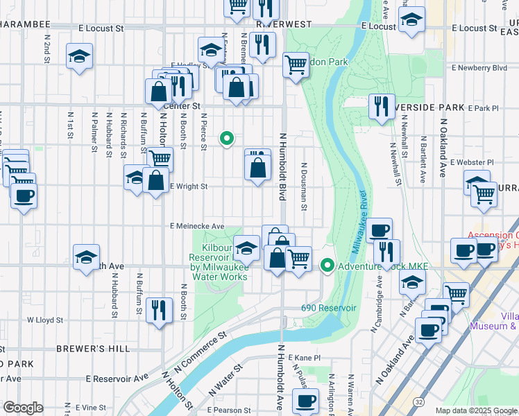 map of restaurants, bars, coffee shops, grocery stores, and more near 2437 North Weil Street in Milwaukee