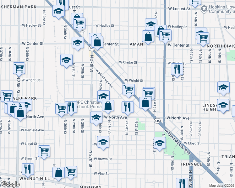 map of restaurants, bars, coffee shops, grocery stores, and more near 2419 West Fond Du Lac Avenue in Milwaukee