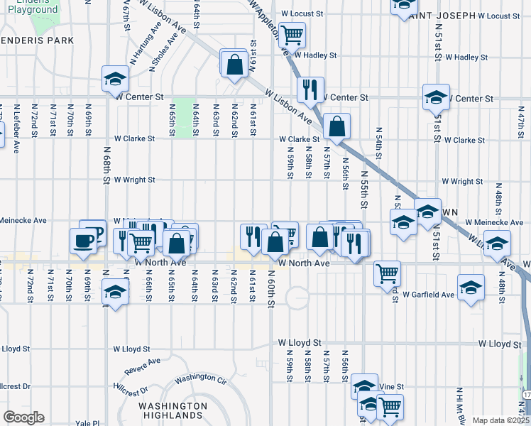 map of restaurants, bars, coffee shops, grocery stores, and more near 2438 North 61st Street in Wauwatosa