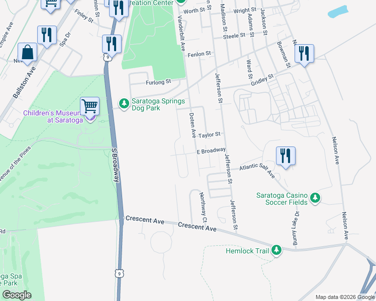map of restaurants, bars, coffee shops, grocery stores, and more near 43 Doten Avenue in Saratoga Springs