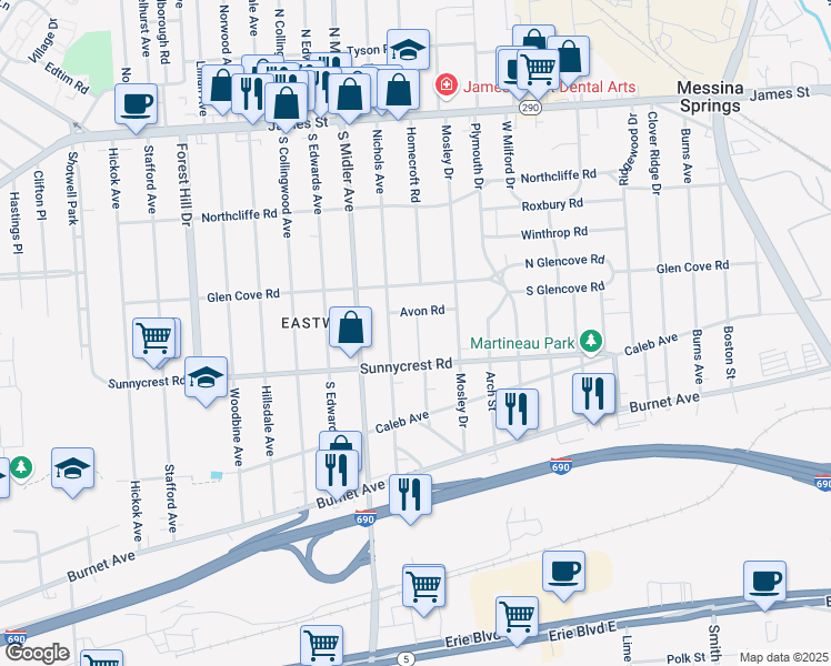 map of restaurants, bars, coffee shops, grocery stores, and more near 122 Avon Road in Syracuse