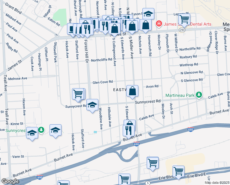 map of restaurants, bars, coffee shops, grocery stores, and more near 317 South Collingwood Avenue in Syracuse