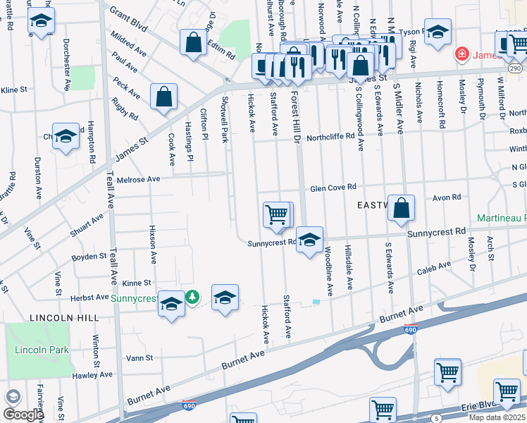 map of restaurants, bars, coffee shops, grocery stores, and more near 307 Hickok Avenue in Syracuse