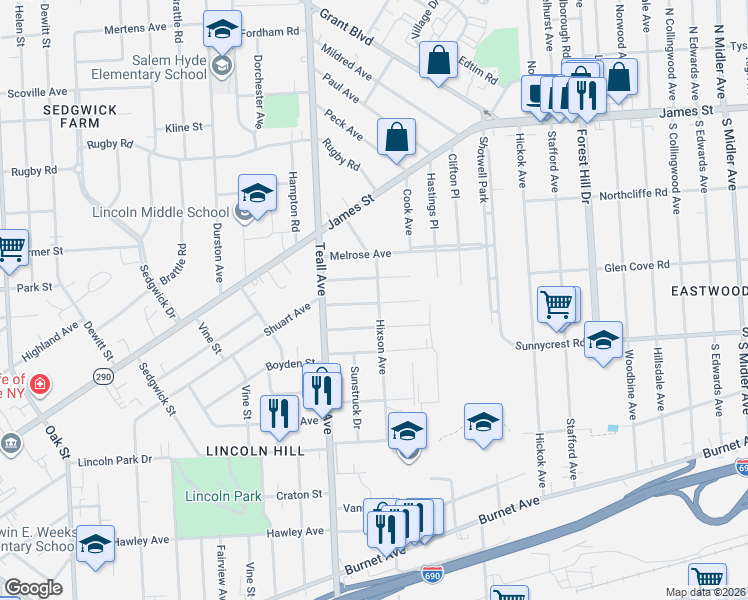 map of restaurants, bars, coffee shops, grocery stores, and more near 300 Hixson Avenue in Syracuse