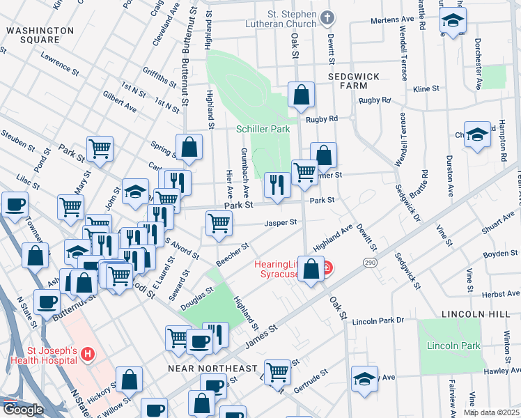 map of restaurants, bars, coffee shops, grocery stores, and more near 326 Park Street in Syracuse