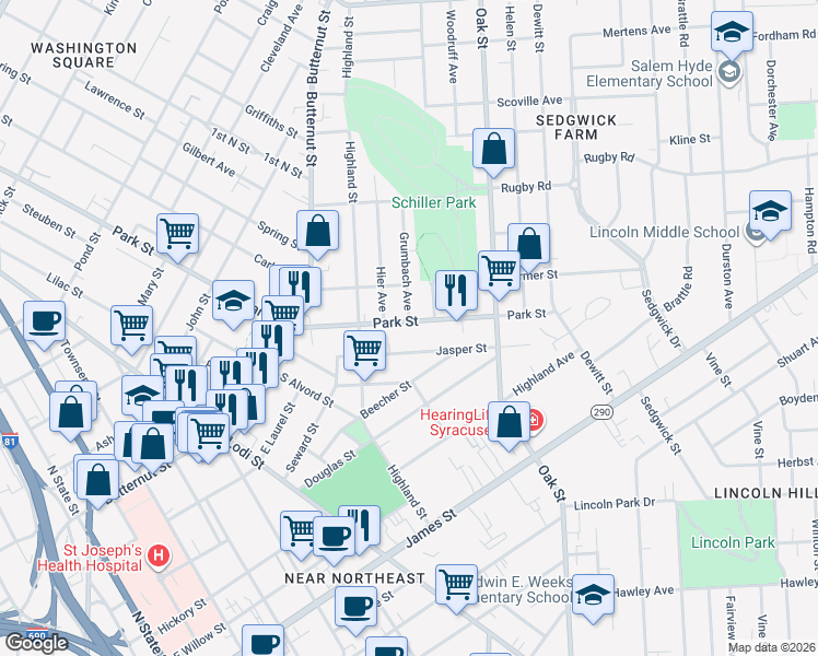 map of restaurants, bars, coffee shops, grocery stores, and more near 113 Grumbach Avenue in Syracuse