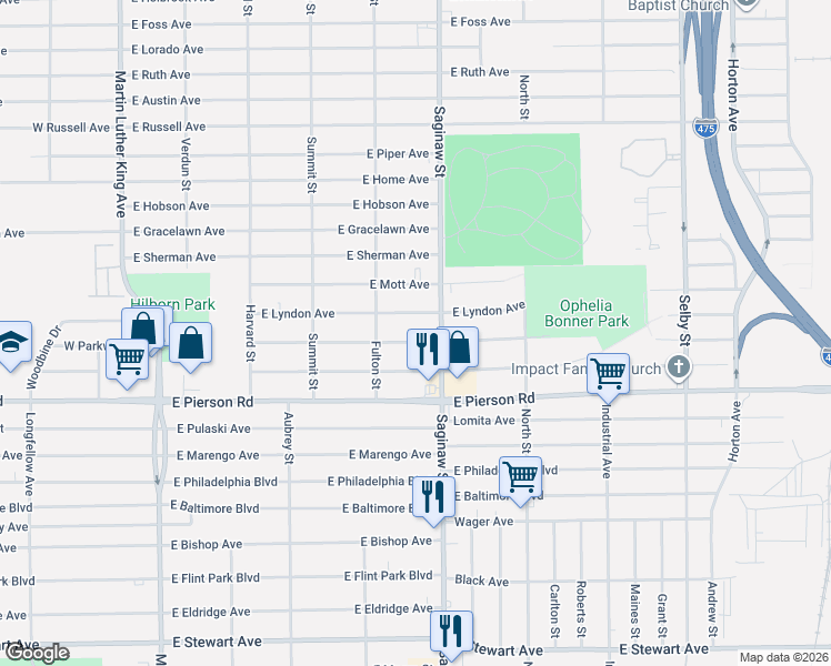 map of restaurants, bars, coffee shops, grocery stores, and more near 622 East Lyndon Avenue in Flint