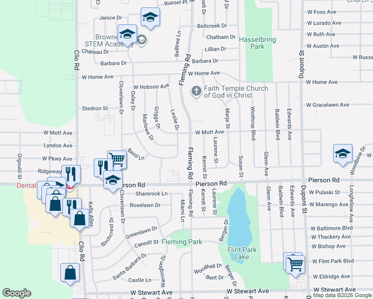 map of restaurants, bars, coffee shops, grocery stores, and more near 5505 Fleming Road in Flint