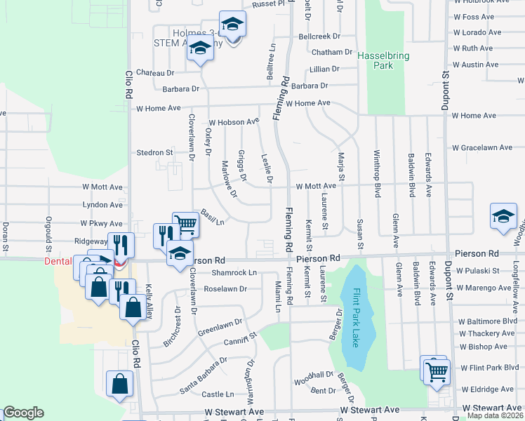 map of restaurants, bars, coffee shops, grocery stores, and more near 1714 Marlowe Drive in Flint