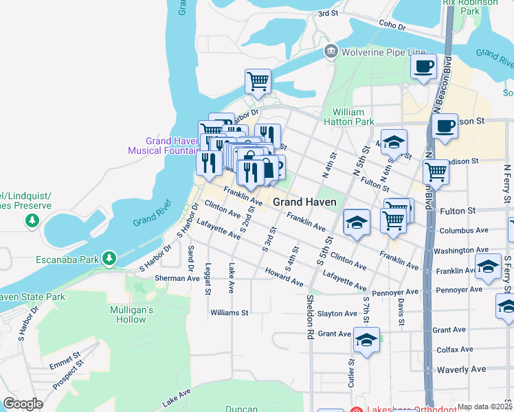 map of restaurants, bars, coffee shops, grocery stores, and more near 17 South 2nd Street in Grand Haven
