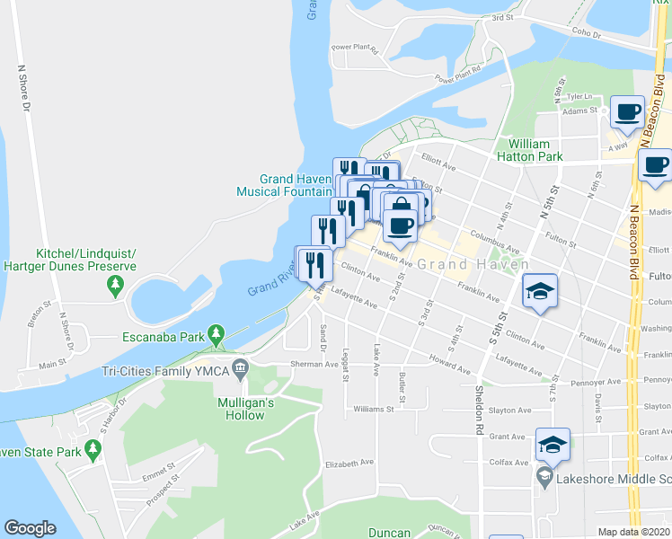 map of restaurants, bars, coffee shops, grocery stores, and more near 114 South Harbor Drive in Grand Haven