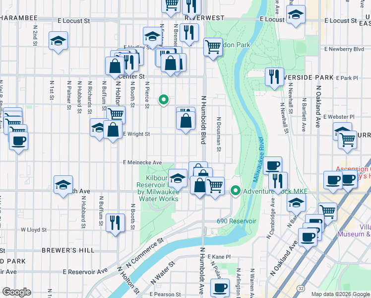 map of restaurants, bars, coffee shops, grocery stores, and more near 2464 North Bremen Street in Milwaukee