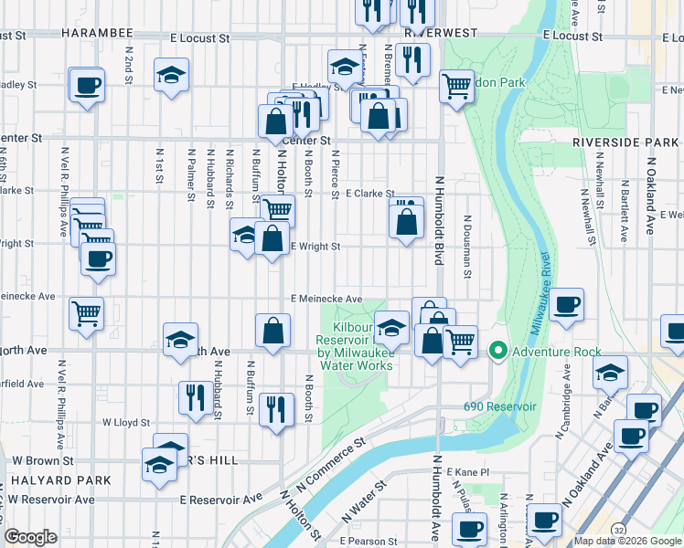 map of restaurants, bars, coffee shops, grocery stores, and more near 2467 North Pierce Street in Milwaukee
