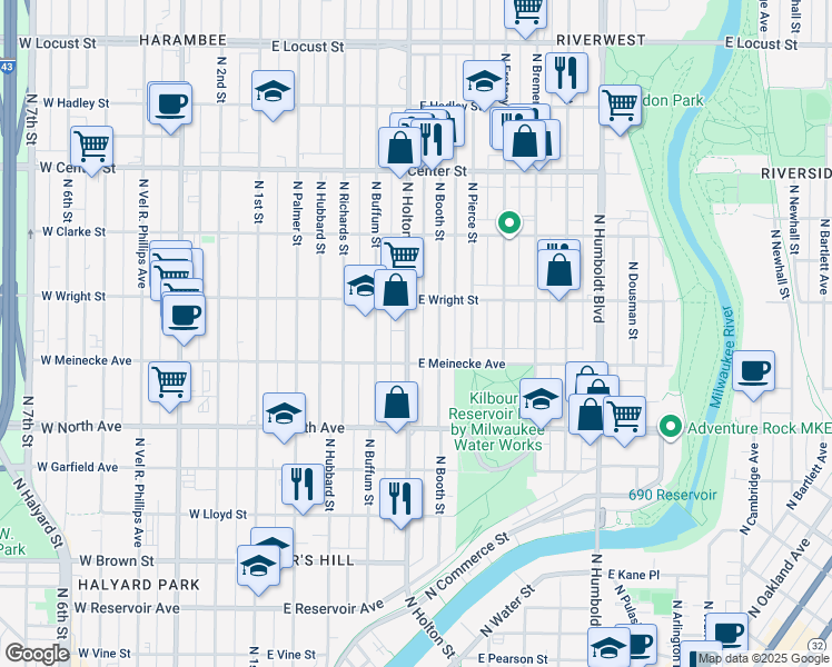 map of restaurants, bars, coffee shops, grocery stores, and more near 2461 North Booth Street in Milwaukee