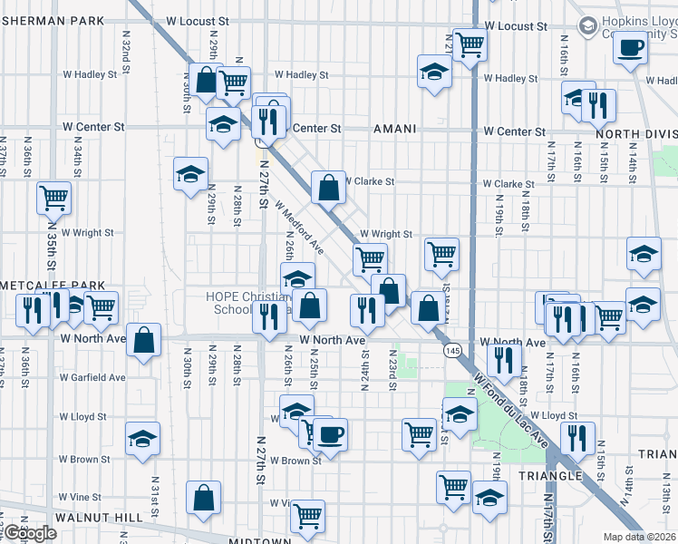 map of restaurants, bars, coffee shops, grocery stores, and more near 2419 West Fond Du Lac Avenue in Milwaukee