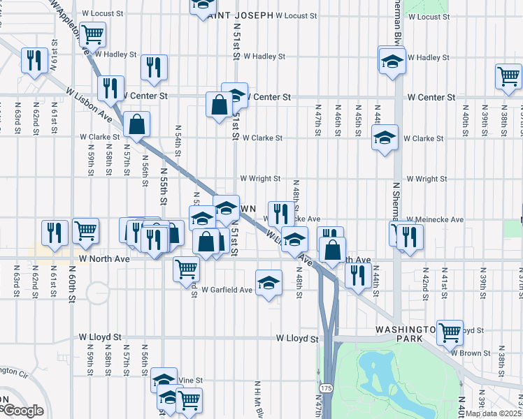map of restaurants, bars, coffee shops, grocery stores, and more near 2447 North 50th Street in Milwaukee