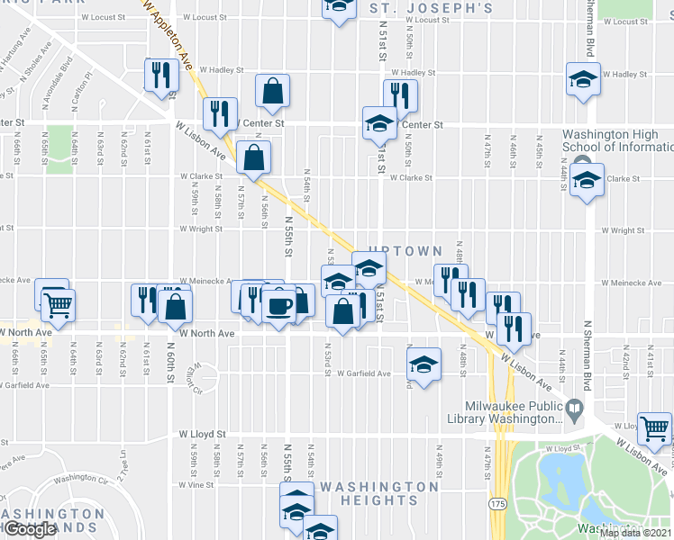 map of restaurants, bars, coffee shops, grocery stores, and more near 5219 West Lisbon Avenue in Milwaukee