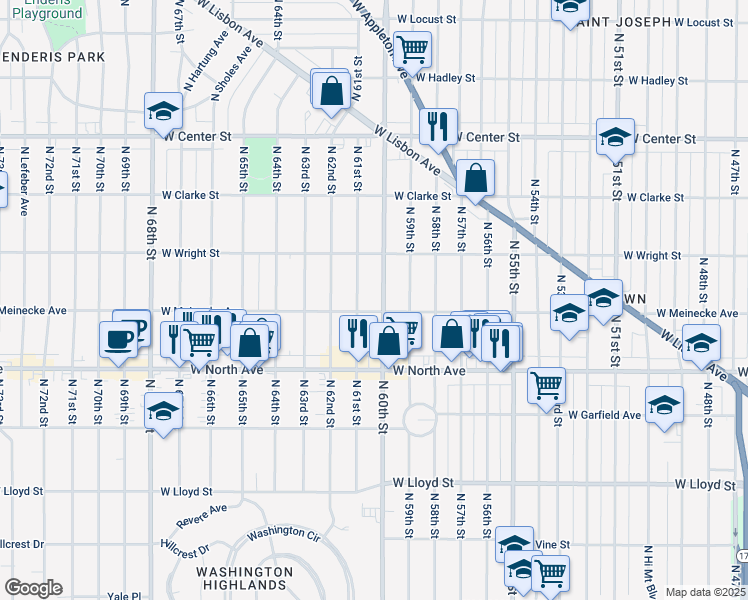 map of restaurants, bars, coffee shops, grocery stores, and more near 2438 North 61st Street in Wauwatosa