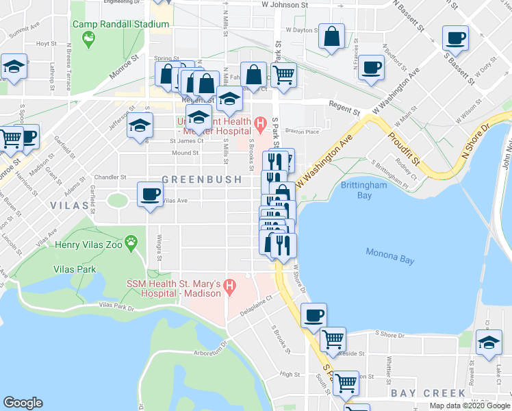map of restaurants, bars, coffee shops, grocery stores, and more near 902 Vilas Avenue in Madison