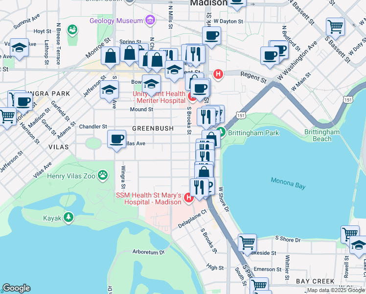 map of restaurants, bars, coffee shops, grocery stores, and more near 1014 Vilas Avenue in Madison