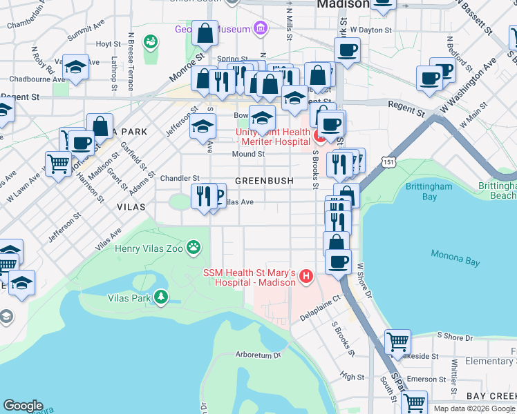 map of restaurants, bars, coffee shops, grocery stores, and more near in Madison