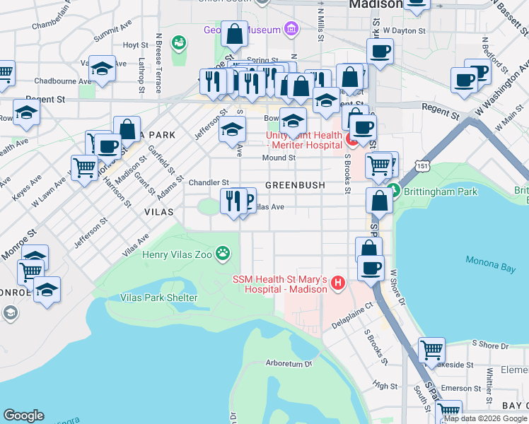 map of restaurants, bars, coffee shops, grocery stores, and more near 1302 Vilas Avenue in Madison