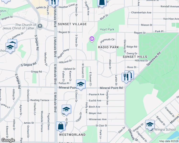 map of restaurants, bars, coffee shops, grocery stores, and more near 217 East Sunset Court in Madison