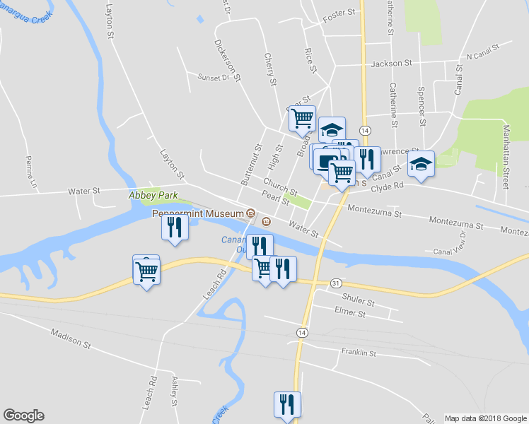 map of restaurants, bars, coffee shops, grocery stores, and more near 78 Water Street in Lyons