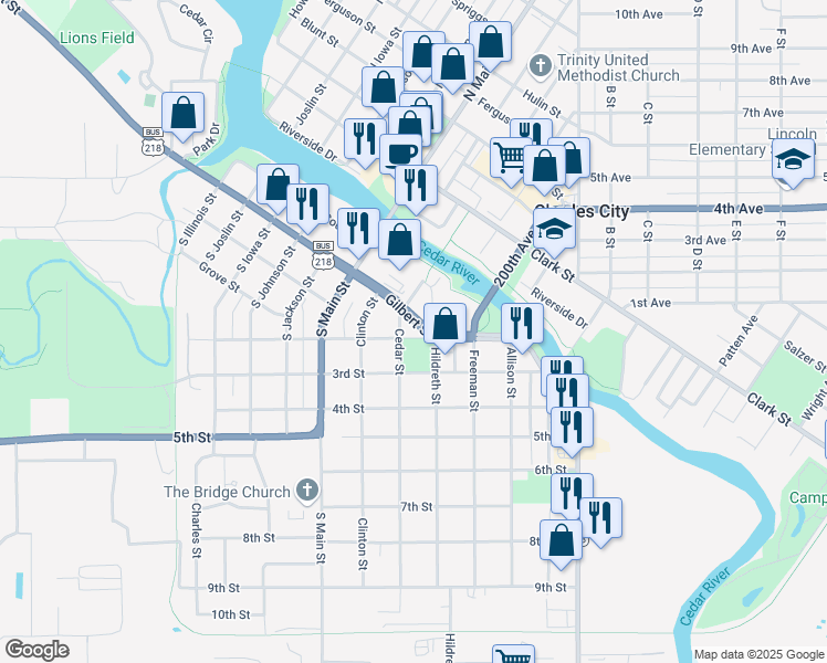 map of restaurants, bars, coffee shops, grocery stores, and more near 500 Gilbert Street in Charles City