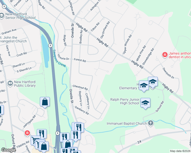 map of restaurants, bars, coffee shops, grocery stores, and more near 2 Brantwood Lane in Utica