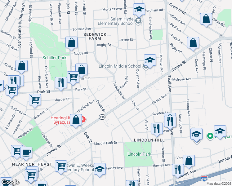 map of restaurants, bars, coffee shops, grocery stores, and more near in Syracuse