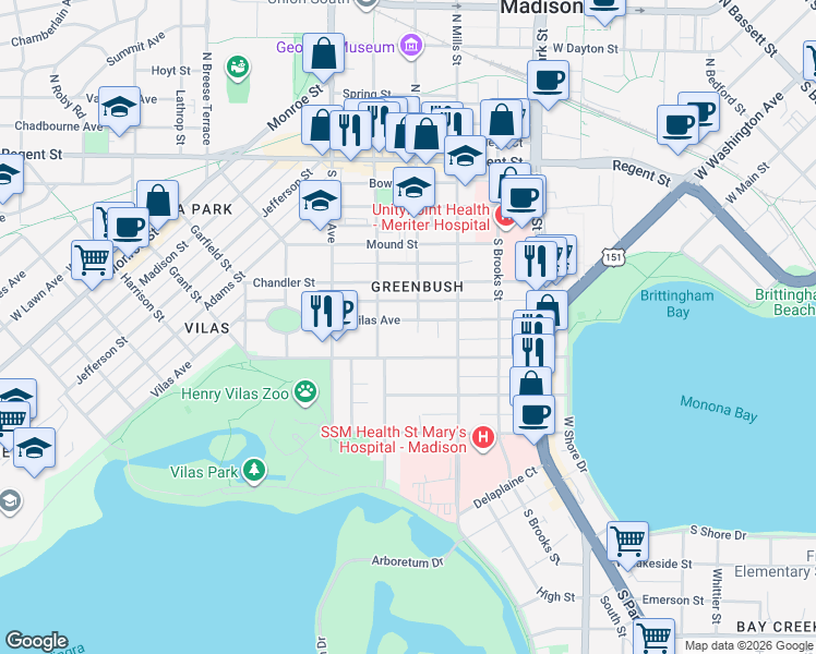 map of restaurants, bars, coffee shops, grocery stores, and more near in Madison