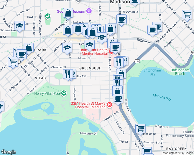 map of restaurants, bars, coffee shops, grocery stores, and more near 1109 Vilas Avenue in Madison