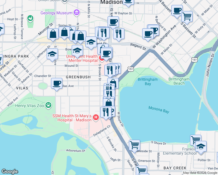 map of restaurants, bars, coffee shops, grocery stores, and more near 902 Vilas Avenue in Madison