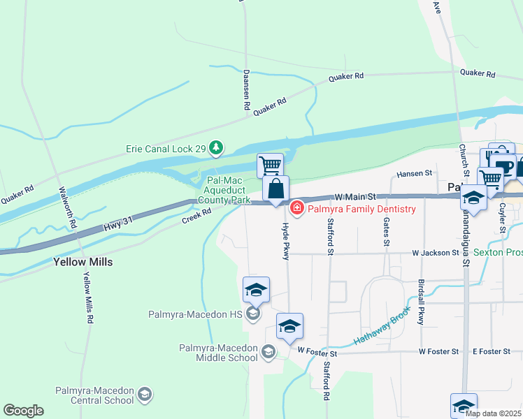 map of restaurants, bars, coffee shops, grocery stores, and more near 526 West Main Street in Palmyra