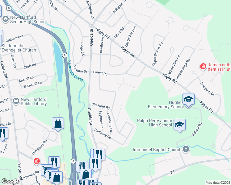 map of restaurants, bars, coffee shops, grocery stores, and more near 2 Brantwood Lane in Utica