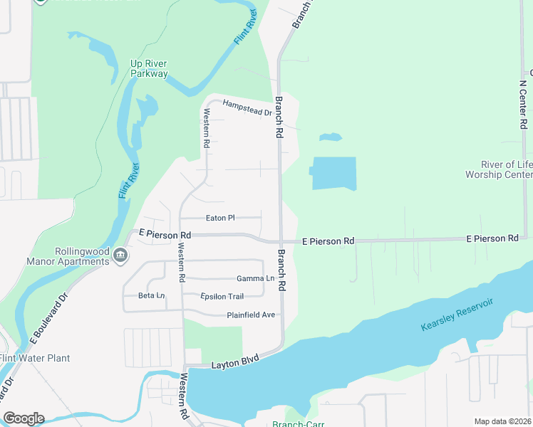 map of restaurants, bars, coffee shops, grocery stores, and more near 5306 Winsford Byway in Flint