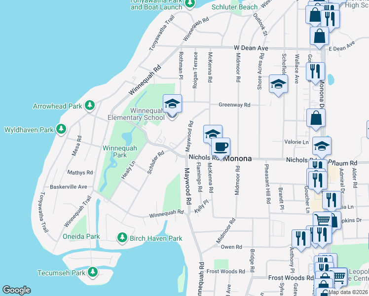 map of restaurants, bars, coffee shops, grocery stores, and more near 5203 Schluter Road in Monona