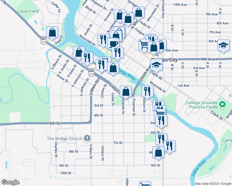 map of restaurants, bars, coffee shops, grocery stores, and more near 500 Gilbert Street in Charles City