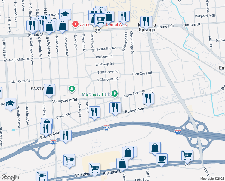 map of restaurants, bars, coffee shops, grocery stores, and more near 116 Erickson Street in Syracuse