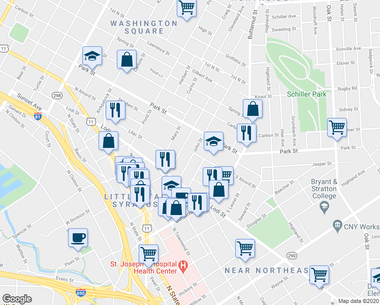 map of restaurants, bars, coffee shops, grocery stores, and more near 641 East Division Street in Syracuse