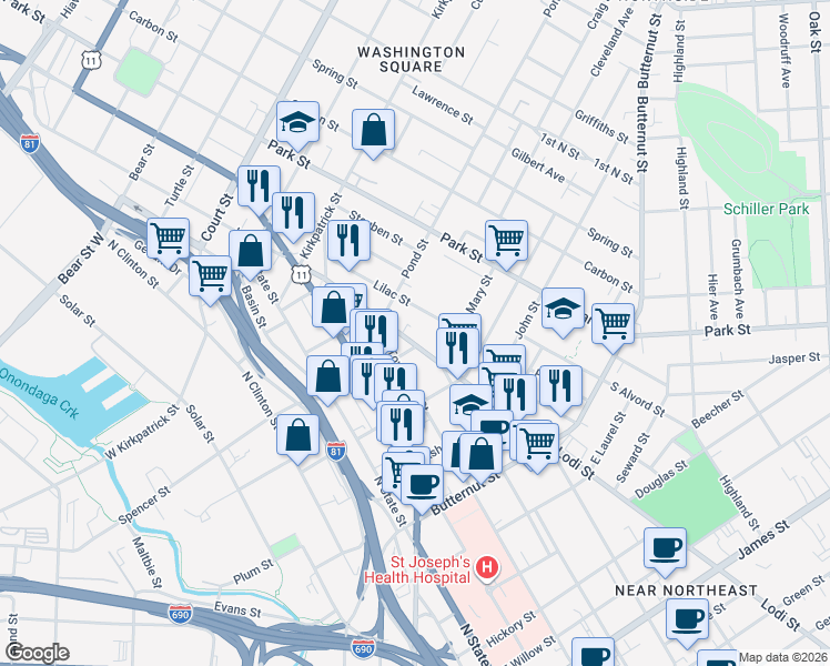 map of restaurants, bars, coffee shops, grocery stores, and more near 141 Lilac Street in Syracuse