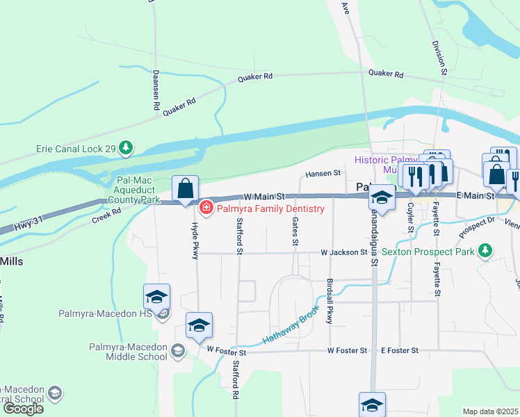 map of restaurants, bars, coffee shops, grocery stores, and more near 360 West Main Street in Palmyra
